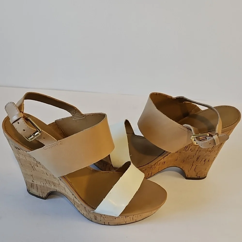 Franco Sarto Tan & White Cork Wedge Sandals Size 9